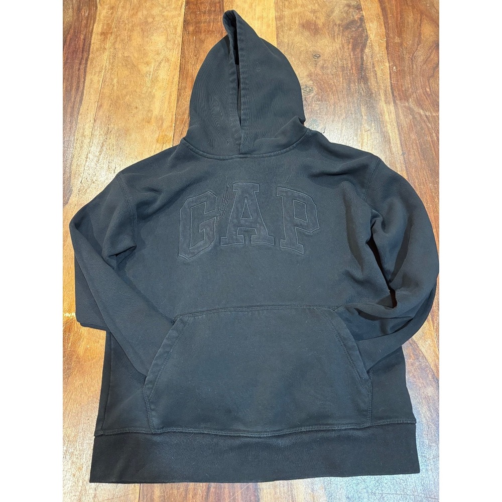 GAP‎ black cotton blend pullover hoodie kangaroo pocket logo kids size XL 12